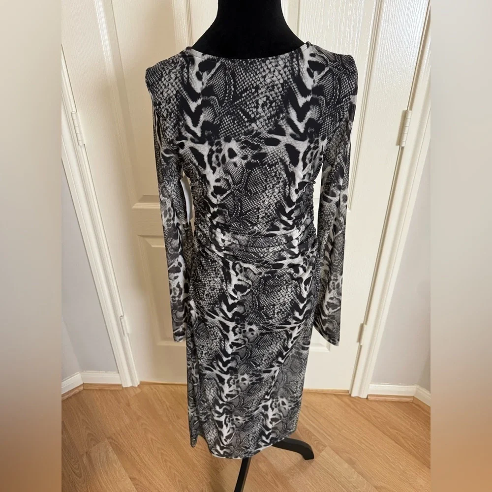 KAREN KANE Animal Cheetah Leopard Snake  Print Long Sleeve Mesh Midi Dress NWT